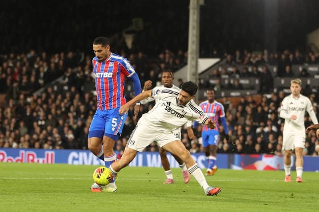 7th December 2025; Craven Cottage, Fulham, London, England; Premier League Football, Fulham versus Crystal Palace; Raul Jimenez of Fulham is tackled by Maxence Lacroix of Crystal Palace  KatiexChan