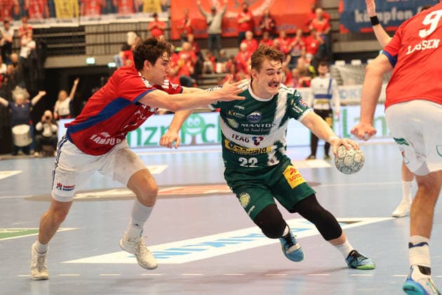 Handball Daikin Handball Bundesliga 2025 2026 Handball Sport Verein Hamburg vs ThSV Eisenach Elias Kofler Hamburg ,Felix Aellen Eisenach , Sporthalle Hamburg Hamburg