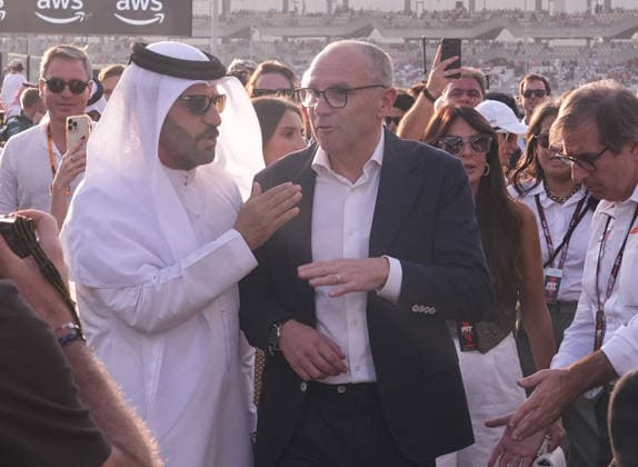 Formula 1 Etihad Airways Abu Dhabi Grand Prix 2025 07 12 2025, Yas Marina Circuit, Abu Dhabi, Formula 1 Etihad Airways Abu Dhabi Grand Prix 2025 , in the picture FIA President Mohammed bin Sulayem, Chairman Stefano Domenicali Liberty Media nordphotoxGmbHx xBratic nph00250