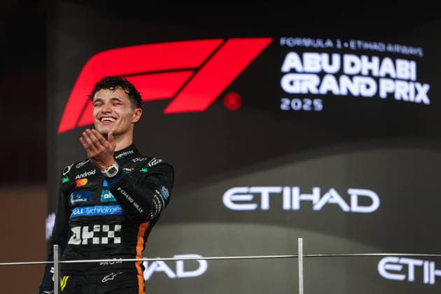 F1 - ABU DHABI GRAND PRIX 2025 NORRIS Lando (gbr), McLaren F1 Team MCL39, portrait celebrating his first world champion on the podium during the 2025 Formula 1 Abu Dhabi Grand Prix, 24th round of the 2025 FIA Formula One World Championship, WM, Weltmeisterschaft from December 05 to 07, 2025 on the Yas Marina Circuit, in Abu Dhabi, United Arab Emirates - Abu DhabiUnited Arab Emirates  Copyright: xANTONINxVINCENTx