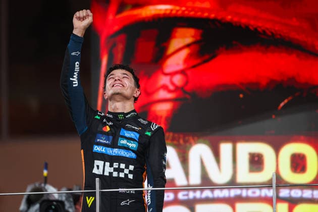 F1 - ABU DHABI GRAND PRIX 2025 NORRIS Lando (gbr), McLaren F1 Team MCL39, portrait celebrating his first world champion on the podium during the 2025 Formula 1 Abu Dhabi Grand Prix, 24th round of the 2025 FIA Formula One World Championship, WM, Weltmeisterschaft from December 05 to 07, 2025 on the Yas Marina Circuit, in Abu Dhabi, United Arab Emirates - Abu DhabiUnited Arab Emirates  Copyright: xANTONINxVINCENTx