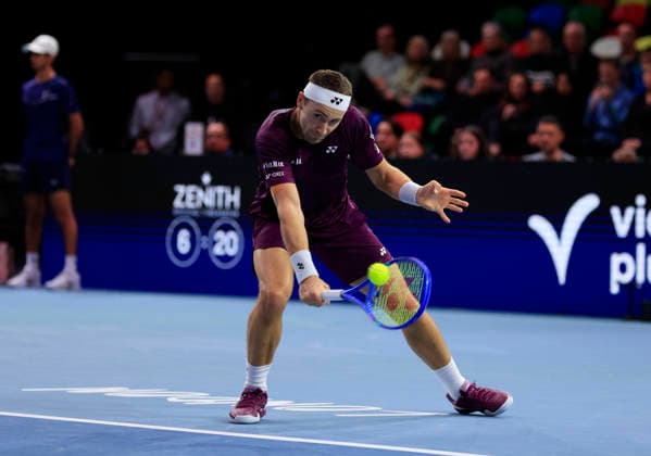 7th December 2025; Copper Box Arena, London, England; Victorian Plumbing UTS London Grand Final Tennis, Day Three; Casper Ruud plays a backhand shot against Andrey Rublev in the semi-final match  HongboxChen
