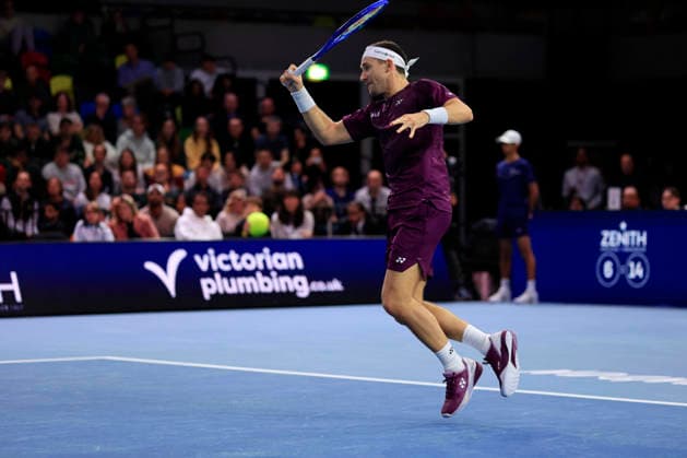 7th December 2025; Copper Box Arena, London, England; Victorian Plumbing UTS London Grand Final Tennis, Day Three; Casper Ruud plays a forehand shot against Andrey Rublev in the semi-final match  HongboxChen