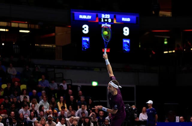 7th December 2025; Copper Box Arena, London, England; Victorian Plumbing UTS London Grand Final Tennis, Day Three; Casper Ruud serves to Andrey Rublev in the semi-final match  HongboxChen