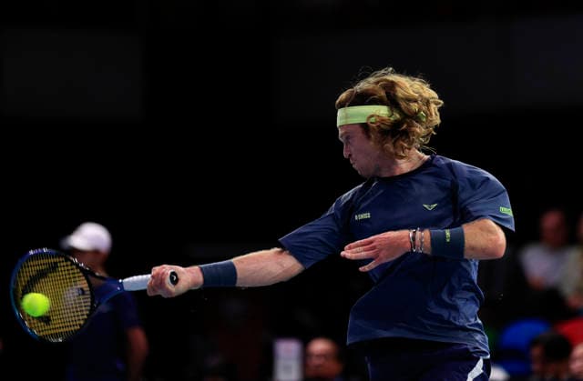 7th December 2025; Copper Box Arena, London, England; Victorian Plumbing UTS London Grand Final Tennis, Day Three; Andrey Rublev plays a forehand shot against Casper Ruud in the semi-final match  HongboxChen