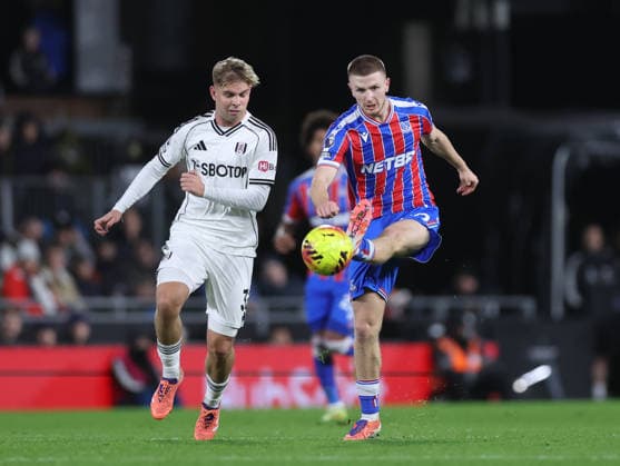 London, England, 7th December 2025. Emile Smith Rowe of Fulham (l) tussles with Adam Wharton of Crystal Palace (r) during the Fulham vs Crystal Palace Premier League match at Craven Cottage, London. Picture credit should read: David Klein Sportimage EDITORIAL USE ONLY. No use with unauthorised audio, video, data, fixture lists, club league logos or live services. Online in-match use limited to 120 images, no video emulation. No use in betting, games or single club league player publications. SPI_023_DK_Fulham_Palace SPI-4355-0022