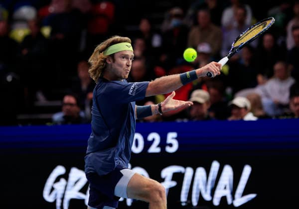 7th December 2025; Copper Box Arena, London, England; Victorian Plumbing UTS London Grand Final Tennis, Day Three; Andrey Rublev plays a backhand shot against Casper Ruud in the semi-final match  HongboxChen