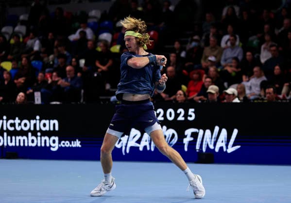 7th December 2025; Copper Box Arena, London, England; Victorian Plumbing UTS London Grand Final Tennis, Day Three; Andrey Rublev plays a forehand shot against Casper Ruud in the semi-final match  HongboxChen