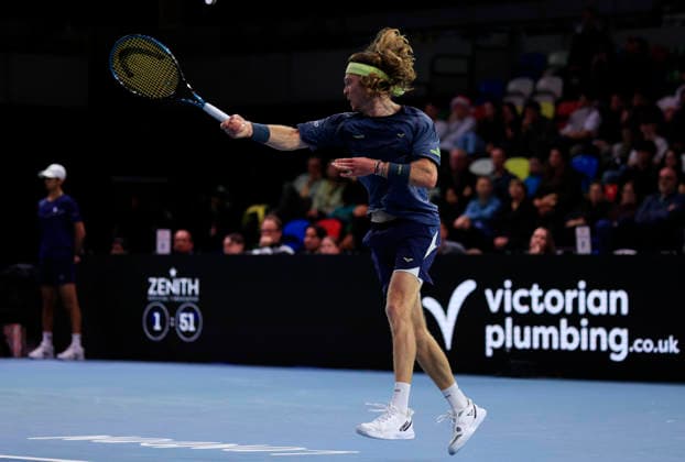 7th December 2025; Copper Box Arena, London, England; Victorian Plumbing UTS London Grand Final Tennis, Day Three; Andrey Rublev plays a forehand shot against Casper Ruud in the semi-final match  HongboxChen