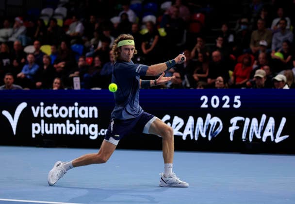 7th December 2025; Copper Box Arena, London, England; Victorian Plumbing UTS London Grand Final Tennis, Day Three; Andrey Rublev plays a backhand shot against Casper Ruud in the semi-final match  HongboxChen