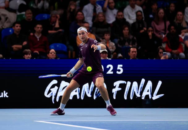 7th December 2025; Copper Box Arena, London, England; Victorian Plumbing UTS London Grand Final Tennis, Day Three; Casper Ruud plays a forehand shot against Andrey Rublev in the semi-final match  HongboxChen