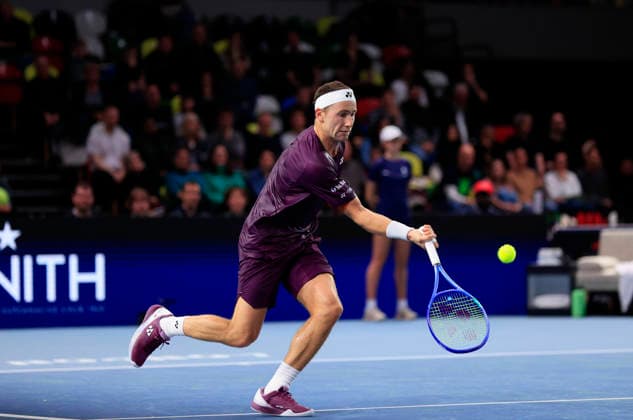 7th December 2025; Copper Box Arena, London, England; Victorian Plumbing UTS London Grand Final Tennis, Day Three; Casper Ruud plays a forehand shot against Andrey Rublev in the semi-final match  HongboxChen