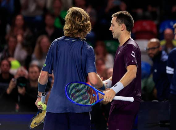 7th December 2025; Copper Box Arena, London, England; Victorian Plumbing UTS London Grand Final Tennis, Day Three; Casper Ruud shakes hands with Andrey Rublev after the semi-final match  HongboxChen