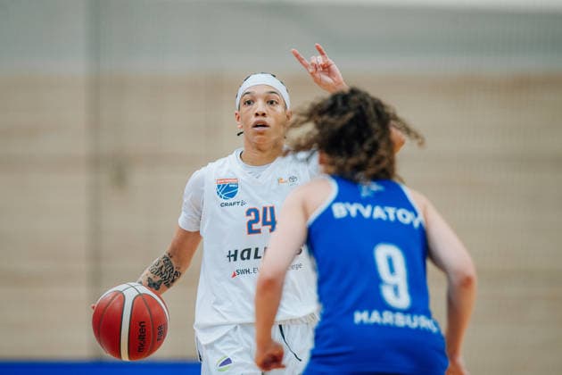 BB 1BL Women Syntainics MBC Lions BC Pharmaserv Marburg Liz Smith GISA Lions MBC , Marianna Byvatov BC Pharmaserv Marburg during the 2025 2026 season in the DBBL Toyota Bundesliga Syntainics MBC Lions and BC Pharmaserv Marburg at the SWH Arena on December 7, 2025 in Halle Saale, Sachsen Anhalt, Germany