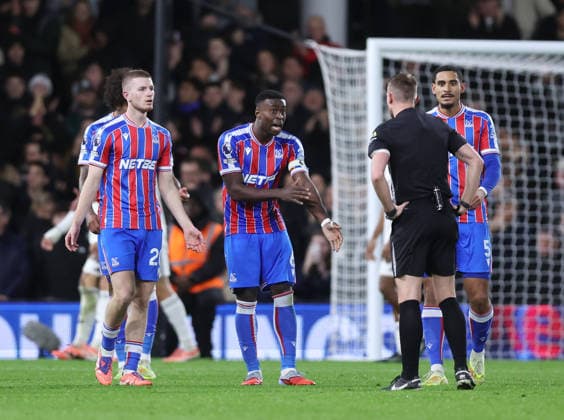 London, England, 7th December 2025. Marc Guehi of Crystal Palace claims handball following the Fulham second goal which was then ruled out for offside by VAR during the Fulham vs Crystal Palace Premier League match at Craven Cottage, London. Picture credit should read: David Klein Sportimage EDITORIAL USE ONLY. No use with unauthorised audio, video, data, fixture lists, club league logos or live services. Online in-match use limited to 120 images, no video emulation. No use in betting, games or single club league player publications. SPI_033_DK_Fulham_Palace SPI-4355-0032