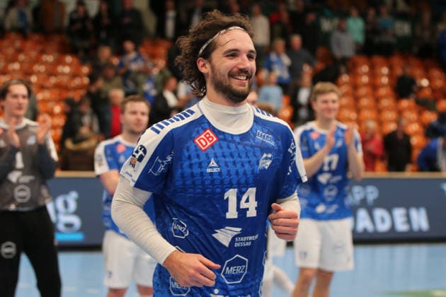 07 12 2025 Handball Men 2025 2026 2 Bundesliga 14 Matchday Dessau Roßlauer HV 06 TSV Bayer Dormagen 1920 Anhalt Arena Dessau Jakub Powarzynski Dessau, 14, blue after the match Dessau Roßlau Saxony Anhalt Germany