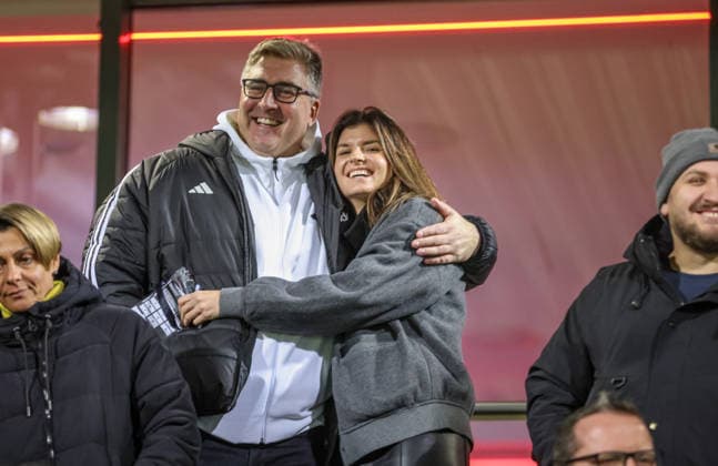 GER, Frankfurt, Eintracht Frankfurt vs FC Bayern Munich, Google Pixel Bundesliga, Football, DFB, Season 2025 2026, Stadion am Brentanobad, 12 Matchday in the picture from l Axel Hellmann CEO Eintracht Frankfurt , Katharina Kiel Womens Director Eintracht Frankfurt , Emotions DFB DFL REGULATIONS PROHIBIT ANY USE OF PHOTOGRAPHS AS IMAGE SEQUENCES AND OR QUASI VIDEO, 07 12 2026 Copyright: HMBxMedia HendrikxHamelau