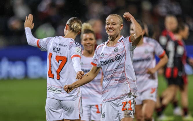 GER, Frankfurt, Eintracht Frankfurt vs FC Bayern Munich, Google Pixel Bundesliga, Football, DFB, Season 2025 2026, Stadion am Brentanobad, 12 Matchday in picture Pernille Harder Bayern Munich 21 scores the goal for 3 0, Cheers and emotions DFB DFL REGULATIONS PROHIBIT ANY USE OF PHOTOGRAPHS AS IMAGE SEQUENCES AND OR QUASI VIDEO, 07 12 2026 Copyright: HMBxMedia HendrikxHamelau