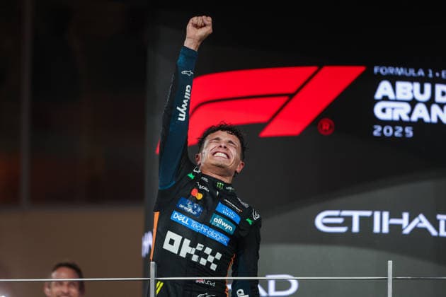 F1 - ABU DHABI GRAND PRIX 2025 NORRIS Lando (gbr), McLaren F1 Team MCL39, portrait celebrating his first world champion on the podium during the 2025 Formula 1 Abu Dhabi Grand Prix, 24th round of the 2025 FIA Formula One World Championship, WM, Weltmeisterschaft from December 05 to 07, 2025 on the Yas Marina Circuit, in Abu Dhabi, United Arab Emirates - Abu DhabiUnited Arab Emirates  Copyright: xANTONINxVINCENTx