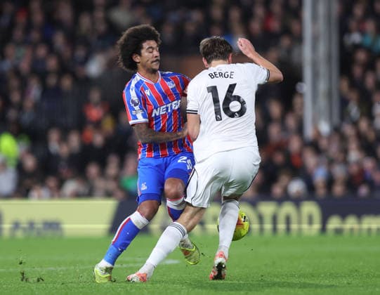 London, England, 7th December 2025. Chris Richards of Crystal Palace tackles Sander Berge of Fulham during the Fulham vs Crystal Palace Premier League match at Craven Cottage, London. Picture credit should read: David Klein Sportimage EDITORIAL USE ONLY. No use with unauthorised audio, video, data, fixture lists, club league logos or live services. Online in-match use limited to 120 images, no video emulation. No use in betting, games or single club league player publications. SPI_037_DK_Fulham_Palace SPI-4355-0036