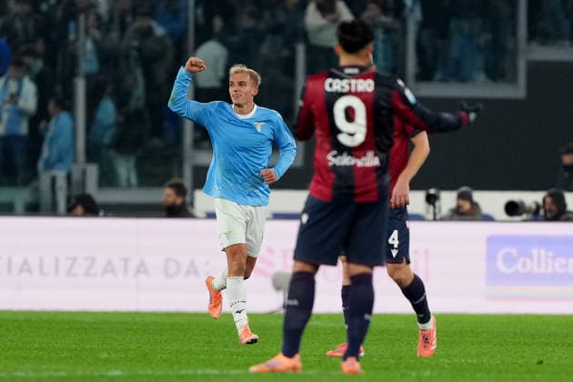 Gustav Isaksen of SS Lazio celebrates with team mates after scoring the goal of 1-0 during the Serie A 2025 2026 football match between SS Lazio and Bologna FC at Stadio Olimpico in Rome (Italy), December 7, 2025. AntoniettaxBaldassarre