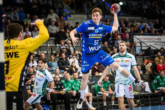 Jakob Nigg TVB Stuttgart, 57 vs Domenico Ebner SC DHfK Leipzig, 01 GER, TVB Stuttgart SC DHfK Leipzig, DAIKIN HBL, Handball, Bundesliga, Matchday 15, Season 2025 2026, 07 12 2025 GER, TVB Stuttgart SC DHfK Leipzig, DAIKIN HBL, Handball, Bundesliga, Matchday 15, Season 2025 2026, 07 12 2025 Stuttgart Copyright: xSandyxDinkelackerx EP_SDR
