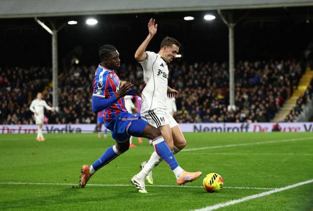 London, England, 7th December 2025. Jaydee Canvot of Crystal Palace (l) tackles Timothy Castagne of Fulham (r) during the Fulham vs Crystal Palace Premier League match at Craven Cottage, London. Picture credit should read: David Klein Sportimage EDITORIAL USE ONLY. No use with unauthorised audio, video, data, fixture lists, club league logos or live services. Online in-match use limited to 120 images, no video emulation. No use in betting, games or single club league player publications. SPI_040_DK_Fulham_Palace SPI-4355-0039