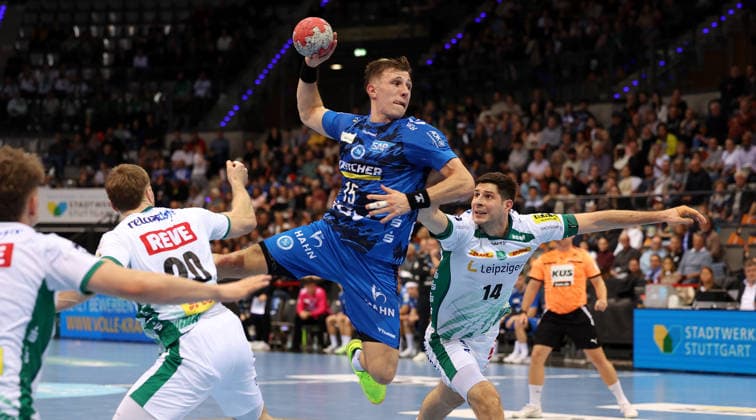 BAU 07 12 2025 Stuttgart Handball TVB Stuttgart vs SC DHfK Leipzig, f l Simone Mengon TVB , Marko Mamic Leipzig,right