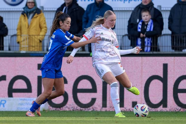 from left Genesis Castrellon SV Meppen, 17 and Luzie Zähringer FC Bayern München II, 5 2, THE DFB GUIDELINES PROHIBIT ANY USE OF PHOTOGRAPHS AS IMAGE SEQUENCES AND OR QUASI VIDEO DFB REGULATIONS PROHIBIT ANY USE OF PHOTOGRAPHS AS IMAGE SEQUENCES AND OR QUASI VIDEO , 07 12 2025, Meppen Germany , Soccer, 2 Women Bundesliga, SV Meppen FC Bayern München II xobx