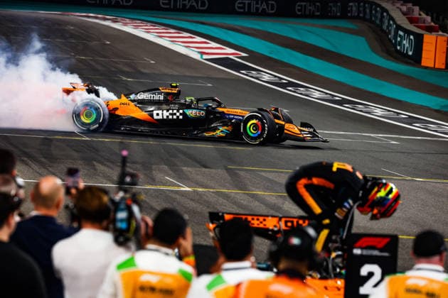 F1 - ABU DHABI GRAND PRIX 2025 04 NORRIS Lando (gbr), McLaren F1 Team MCL39, action donuts during the 2025 Formula 1 Abu Dhabi Grand Prix, 24th round of the 2025 FIA Formula One World Championship, WM, Weltmeisterschaft from December 05 to 07, 2025 on the Yas Marina Circuit, in Abu Dhabi, United Arab Emirates - Abu DhabiUnited Arab Emirates  Copyright: xFLORENTxGOODENx