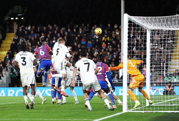London, England, 7th December 2025. Marc Guehi of Crystal Palace scores their second goal during the Fulham vs Crystal Palace Premier League match at Craven Cottage, London. Picture credit should read: David Klein Sportimage EDITORIAL USE ONLY. No use with unauthorised audio, video, data, fixture lists, club league logos or live services. Online in-match use limited to 120 images, no video emulation. No use in betting, games or single club league player publications. SPI_046_DK_Fulham_Palace SPI-4355-0045