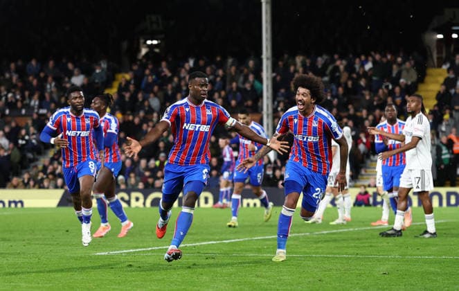 London, England, 7th December 2025. Marc Guehi of Crystal Palace celebrates scoring their second goal during the Fulham vs Crystal Palace Premier League match at Craven Cottage, London. Picture credit should read: David Klein Sportimage EDITORIAL USE ONLY. No use with unauthorised audio, video, data, fixture lists, club league logos or live services. Online in-match use limited to 120 images, no video emulation. No use in betting, games or single club league player publications. SPI_050_DK_Fulham_Palace SPI-4355-0049