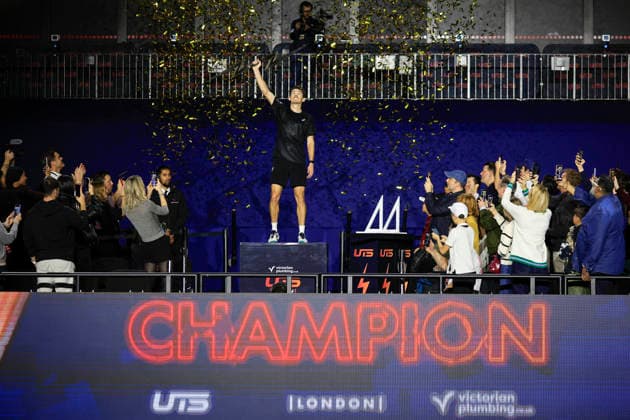 7th December 2025; Copper Box Arena, London, England; Victorian Plumbing UTS London Grand Final Tennis, Day Three; Alex de Minaur celebrates with the winner trophy after winning the final match  HongboxChen