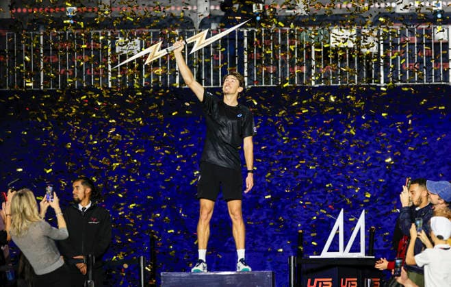 7th December 2025; Copper Box Arena, London, England; Victorian Plumbing UTS London Grand Final Tennis, Day Three; Alex de Minaur celebrates with the winner trophy after winning the final match  HongboxChen