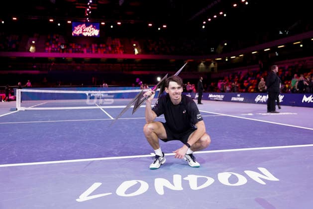 7th December 2025; Copper Box Arena, London, England; Victorian Plumbing UTS London Grand Final Tennis, Day Three; Alex de Minaur celebrates with the winner trophy after winning the final match  HongboxChen