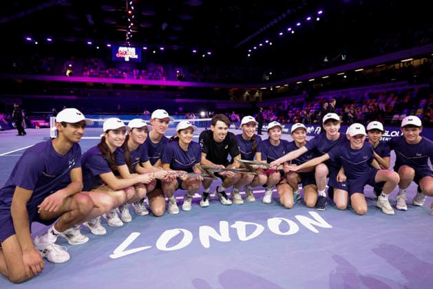 7th December 2025; Copper Box Arena, London, England; Victorian Plumbing UTS London Grand Final Tennis, Day Three; Alex de Minaur celebrates with ball kids after winning the final match  HongboxChen