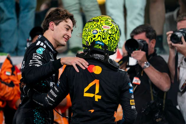 December 7, 2025, Abu Dhabi, United Arab Emirates: British driver LANDO NORRIS (McLaren F1 Team) celebrates with British driver GEORGE RUSSEL (Mercedes-AMG F1 Team) after finishing third in the F1 Grand Prix of Abu Dhabi and claiming the 2025 FIA Formula 1 World Championship, WM, Weltmeisterschaft at Yas Marina Circuit in Abu Dhabi, United Arab Emirates. Abu Dhabi United Arab Emirates - ZUMAg147 20251207_fap_g147_015 Copyright: xJamesxGasperottix