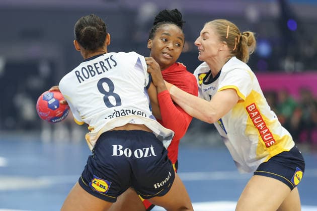 Angola Sweden, IHF Womens Handball World Championship Helena Paulo Angola, 8 against Jamina Roberts Sweden, 8 and Linn Blohm Sweden, 7 3 Main Round Match of the Womens Handball World Championship between Angola and Sweden on December 7, 2025 at the Westfalenhalle in Dortmund , Dortmund Nordrhein Westfalen Germany Westfalenhalle