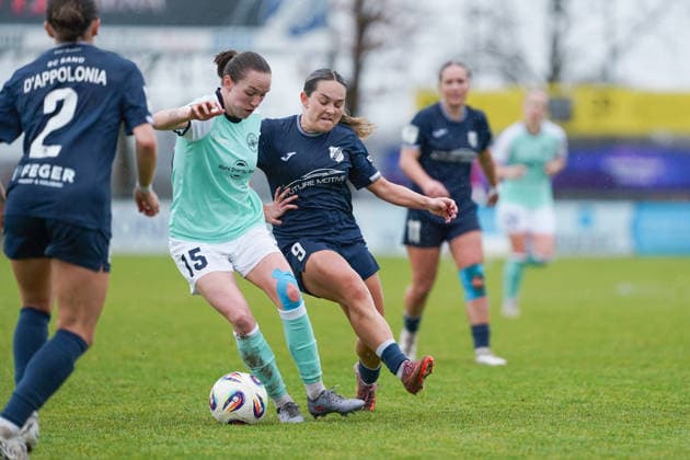 07 12 2025, Football, 2 Womens Bundesliga, 2025 2026, Matchday 12, SC Sand SG 99 Andernach Vanessa Zilligen 15 Andernach and Pija Reininger 9 Sand in a duel