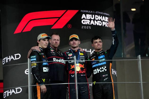 Formula 1 of United Arab Emirates Winner Dutch driver Max Verstappen of Oracle Red Bull Racing, second place for Australian driver Oscar Piastri of McLaren F1 Team, the new Formula 1 Champion of 2025, British driver Lando Norris of McLaren F1 Team, Head of Race Team Operations Richard Wolverson (Red Bull Racing) after the Formula 1 Etihad Airways Abu Dhabi Grand Prix 2025 at the Yas Marina Circuit in Abu Dhabi, United Arab Emirates December 07 2025. Abu Dhabi United Arab Emirates  Copyright: xMatrixxImagesx xHasanxBraticx