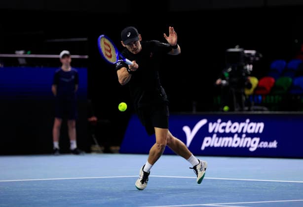 7th December 2025; Copper Box Arena, London, England; Victorian Plumbing UTS London Grand Final Tennis, Day Three; Alex de Minaur plays a forehand shot against Casper Ruud in the final match  HongboxChen