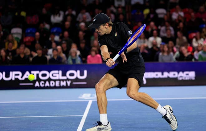 7th December 2025; Copper Box Arena, London, England; Victorian Plumbing UTS London Grand Final Tennis, Day Three; Alex de Minaur plays a backhand shot against Casper Ruud in the final match  HongboxChen