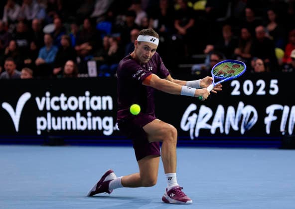 7th December 2025; Copper Box Arena, London, England; Victorian Plumbing UTS London Grand Final Tennis, Day Three; Casper Ruud plays a backhand shot against Alex de Minaur in the final match  HongboxChen