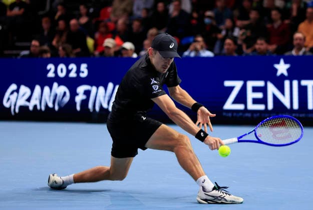 7th December 2025; Copper Box Arena, London, England; Victorian Plumbing UTS London Grand Final Tennis, Day Three; Alex de Minaur plays a backhand shot against Casper Ruud in the final match  HongboxChen