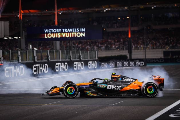 F1 - ABU DHABI GRAND PRIX 2025 04 NORRIS Lando (gbr), McLaren F1 Team MCL39, action celebrating his first world title during the 2025 Formula 1 Abu Dhabi Grand Prix, 24th round of the 2025 FIA Formula One World Championship, WM, Weltmeisterschaft from December 05 to 07, 2025 on the Yas Marina Circuit, in Abu Dhabi, United Arab Emirates - Abu DhabiUnited Arab Emirates  Copyright: xANTONINxVINCENTx