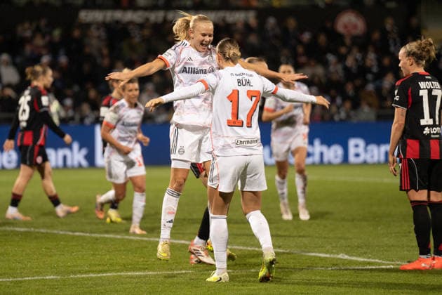 07 12 2025, xhfmx, Soccer Google Pixel Women Bundesliga, Eintracht Frankfurt FC Bayern Pernille Harder FC Bayern Munich, 21 and Klara Bühl FC Bayern Munich, 17 celebrate the goal to 0 3 goal, Goal, Jubel, Celebration DFL DFB REGULATIONS PROHIBIT ANY USE OF PHOTOGRAPHS as IMAGE SEQUENCES and or QUASI VIDEO Frankfurt am Main