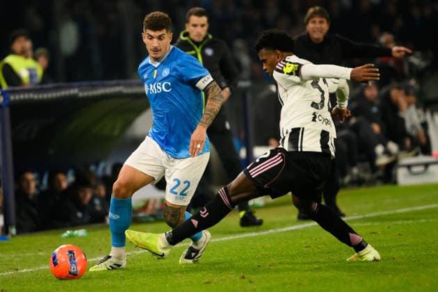 Giovanni Di Lorenzo of SSC Napoli and Juan Cabal of Juventus FC during the Serie A 2025 2026 football match between SSC Napoli and Juventus FC at Diego Armando Maradona stadium in Naples (Italy), December 7, 2025. andreaxstaccioli