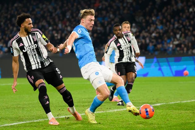 Rasmus Hojlund of SSC Napoli scores the goal of 1-0 during the Serie A 2025 2026 football match between SSC Napoli and Juventus FC at Diego Armando Maradona stadium in Naples (Italy), December 7, 2025. andreaxstaccioli