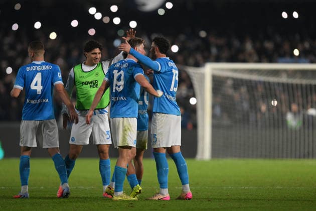 7th December 2025, Stadio Diego Armando Maradona, Naples, Italy; Serie A Football; Napoli versus Juventus; Napoli& x2019;s players celebrate their victory at the end of the match  AllShotLive