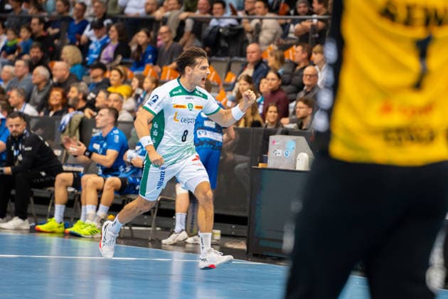 Handball I Men I Season 2025 2026 I Bundesliga I 15 Matchday I TVB Stuttgart SC DHfK Leipzig I 07 12 2025 Lucas Krzikalla 8, SC DHfK Leipzig cheers Stuttgart Porsche Arena Baden Württemberg Germany Copyright: xLobeca MaxxPetershansx